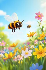 Bee flying with flowers in Spring field.
