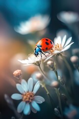 Fototapeta premium Beautiful cute ladybug with flower in Spring.