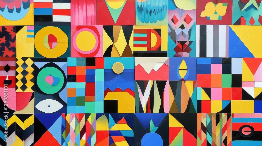 Poster a collection of colorful paper cutouts arranged in geometric patterns, perfect for art projects, des