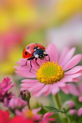 Beautiful cute ladybug with flower in Spring.
