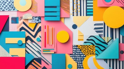 Obraz premium A collection of colorful paper cutouts arranged in geometric patterns, perfect for art projects, design layouts, and vibrant photo collages.