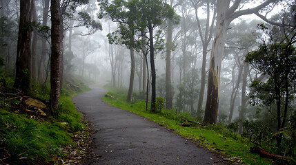 Fototapeta premium A path through a forest with foggy weather. generated using AI