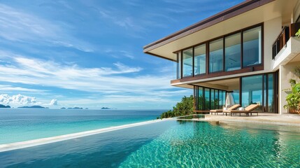 Fototapeta premium Modern villa with infinity pool overlooking the ocean.