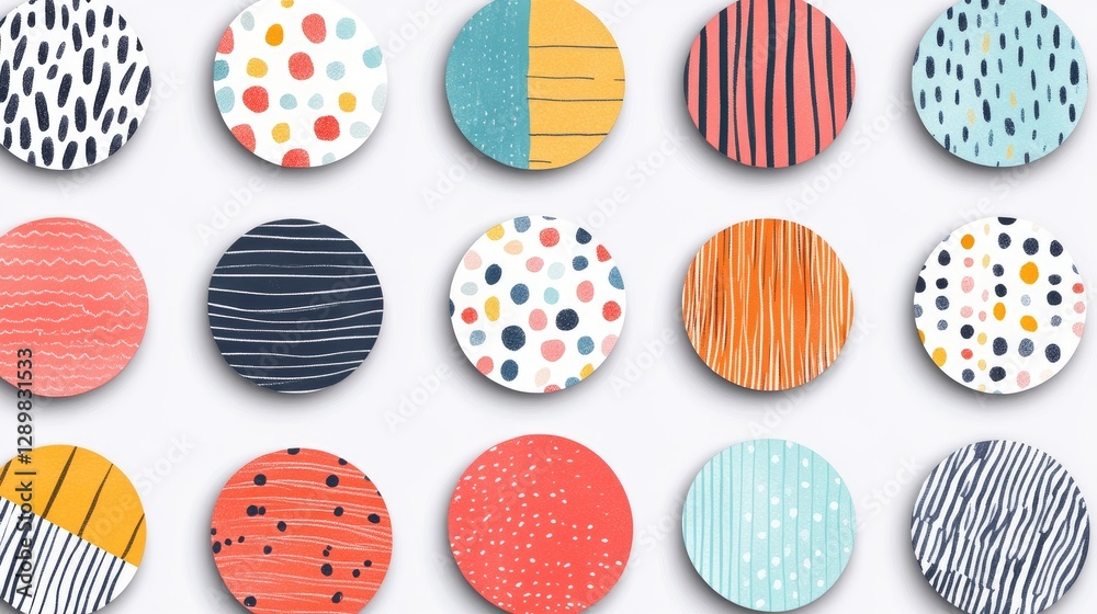 Poster a collection of round and square sticker designs in various colors, textures, and patterns, perfect 