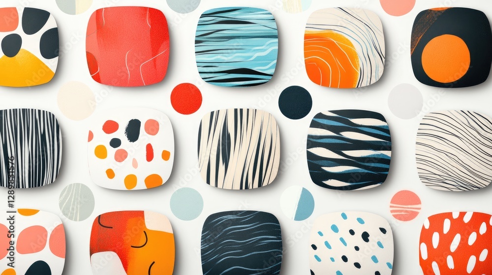Poster a collection of round and square sticker designs in various colors, textures, and patterns, perfect 