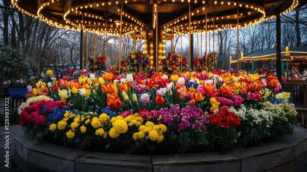 Poster A colorful floral carousel resting on a wooden platform, with each flower displaying a different burst of color, creating a mesmerizing view.