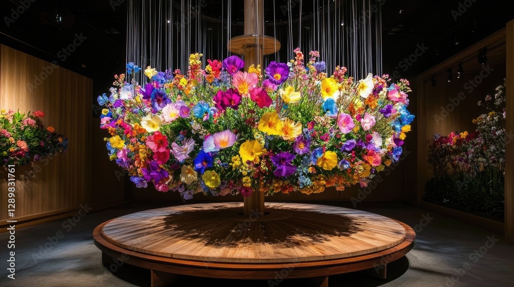 Poster A colorful floral carousel resting on a wooden platform, with each flower displaying a different burst of color, creating a mesmerizing view.