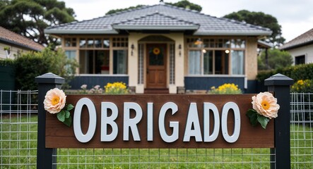 obrigado lettering on sign at fence with house background
