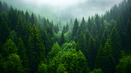 Obraz premium Misty Green Coniferous Forest Mountain Landscape