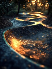 Fototapeta premium Close Up of Winding BMX Pump Track with Dramatic Backlighting and Vibrant Asphalt Markings