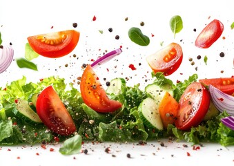 Fresh Salad Ingredients Flying in the Air with Vibrant Colors and Textures, Capturing Motion and Freshness of Culinary Preparation in a Captivating Composition