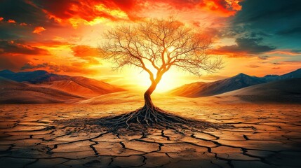 Lone leafless tree silhouetted against a dramatic fiery orange and red sunset sky over a cracked parched desert landscape  The tree s twisted gnarled roots reach out from the dry barren earth