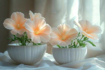 Elegant Table Flowers Arrangement in White Bowls for Cafe Decor