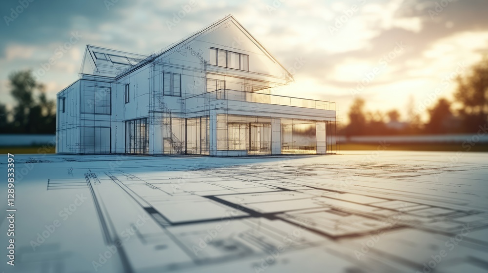 Poster a creative architectural blueprint mockup with a photo effect overlay, showing detailed lines and de
