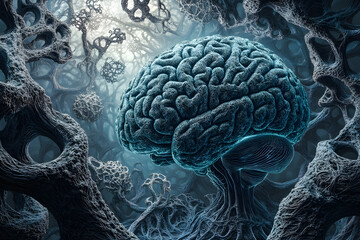 Surreal digital art depicting a human brain nestled within a complex, organic, fractal landscape.  The image evokes concepts of the subconscious, neural networks and the vastness of thought.