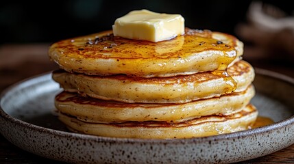 Fluffy Golden Brown Russian Pancakes Blini Stacked on Rustic Plate with Butter in Cozy Atmosphere