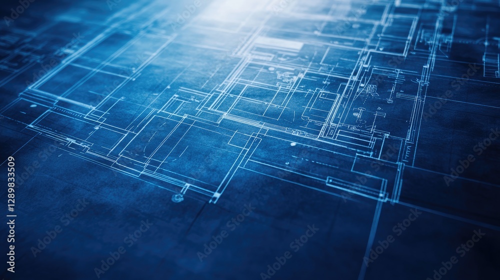 Poster a creative architectural blueprint mockup with a photo effect overlay, showing detailed lines and de