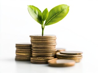 Financial Growth Concept: Coins and a Sprouting Plant on White Background
