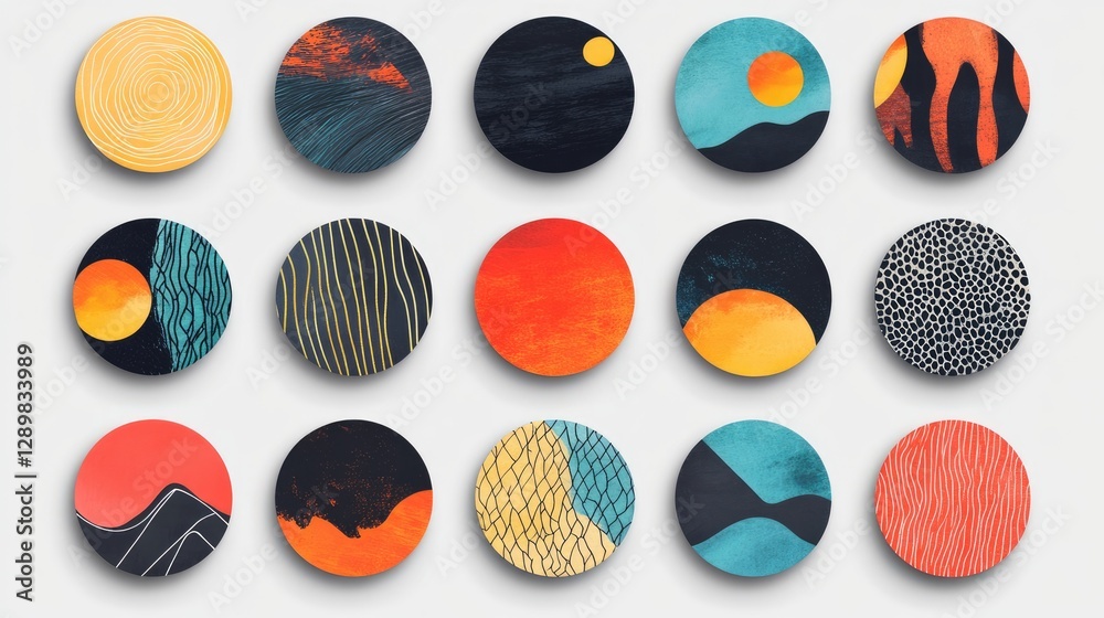 Poster a creative set of round and square stickers, each with unique textures and vibrant colors, perfect f