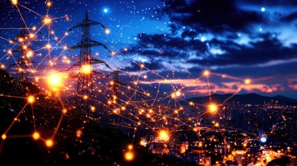 Fototapeta premium Glowing Cityscape Under Starry Night Sky Futuristic Urban Landscape with Illuminated Skyline Reflecting the Endless Possibilities of Technology Progress and Innovation