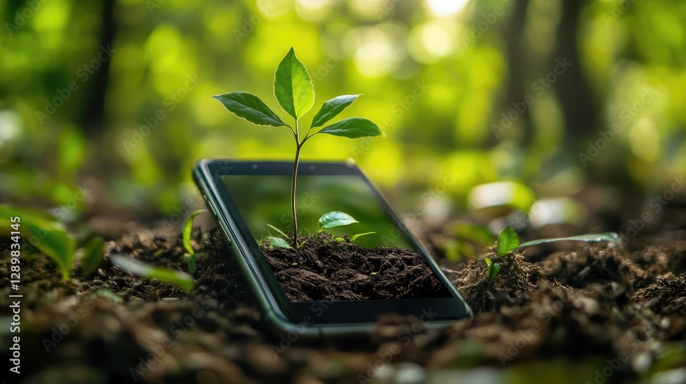 Poster a creative shot of a smartphone surrounded by nature, with a plant sprouting directly from the scree