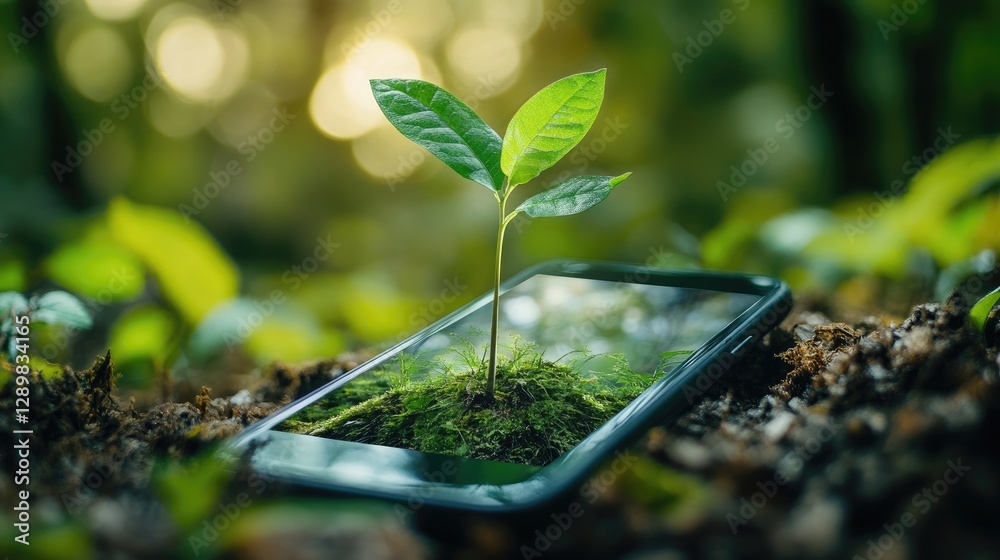 Poster a creative shot of a smartphone surrounded by nature, with a plant sprouting directly from the scree
