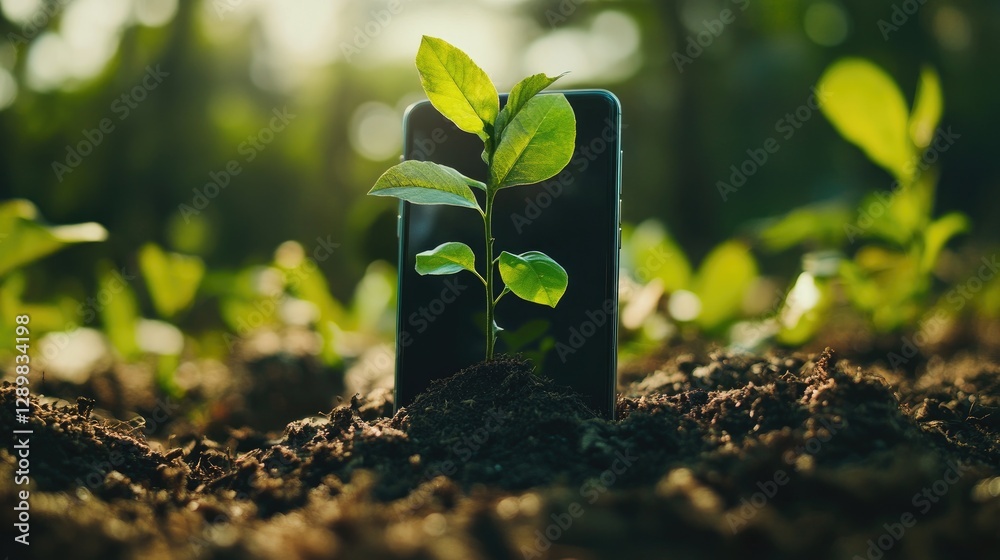 Poster a creative shot of a smartphone surrounded by nature, with a plant sprouting directly from the scree