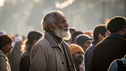 In a crowd, a distinguished senior man with a white beard looks towards the light, symbolizing hope or aspiration in aging