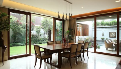Luxurious Dining Room Interior With Wooden Table And Chairs Offering Garden View