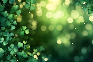 Fototapeta premium St Patrick's day background with green shamrock leaves and bokeh lights. Irish holiday celebration concept. Lucky clover pattern for festive greeting cards.