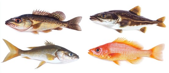 Variety of Freshwater and Saltwater Fish Isolated on White Background