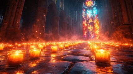Candlelit Gothic Cathedral Scene with Stained Glass on All Saints Day with Prayer and Remembrance