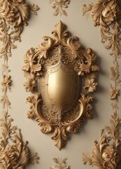 Whimsical floral pattern featuring shield-like shapes and swirly details in a vintage Baroque style, Floral patterns,  scroll ornaments