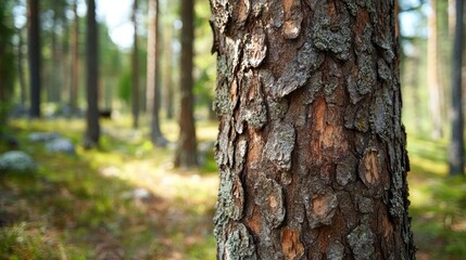 Obraz premium A detailed close-up of a tree trunk with rough bark texture, highlighting the natural, rugged look of the wood.