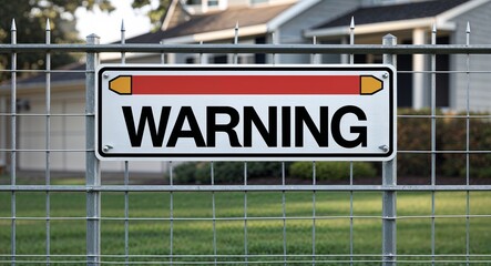 warning lettering on sign at fence with house background