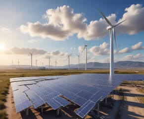 Wind turbine and solar panel installation in a modern power plant,  electricity generation,  solar panel