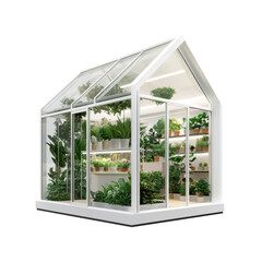 modern greenhouse filled with lush plants and vibrant greenery, showcasing variety of potted plants and flowers on transparent background