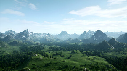 Naklejka premium Picturesque Mountain Range Landscape with Lush Green Valley and Blue Sky