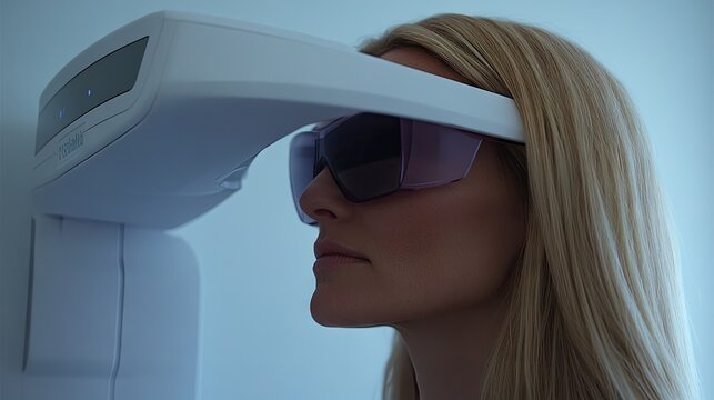 Woman undergoing eye exam, modern clinic, soft lighting, healthcare