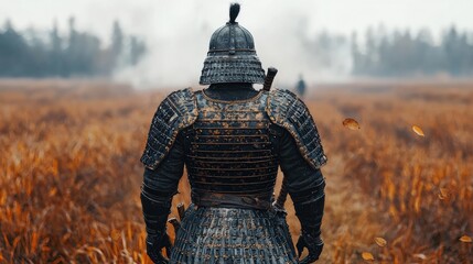 Warrior in armor standing in a golden field.