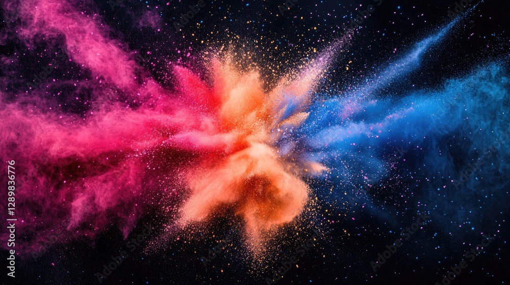 Poster a dramatic explosion of colored powder in the air, contrasted against a dark backdrop, creating a st