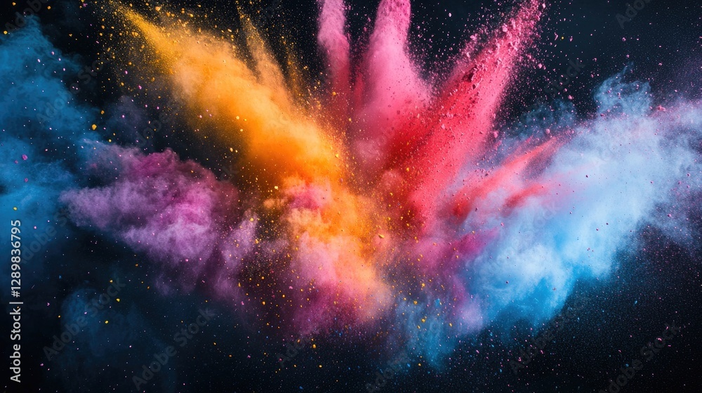 Poster a dramatic explosion of colored powder in the air, contrasted against a dark backdrop, creating a st