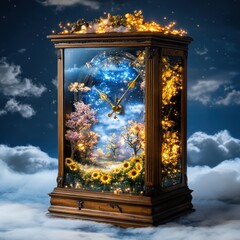 Enchanted Celestial Clock Surrounded by Ethereal Nature and Starry Night Sky A Whimsical Fantastical Timepiece Amidst a Dreamy Mystical Landscape with Glowing Flowers Clouds