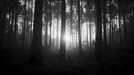 Fototapeta premium Dark Forest at Dawn: Sunlight Through Silhouetted Trees