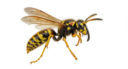 Macro Close-up of Yellow Jacket Wasp Isolated on White Background with Detailed View of Wings and Sting