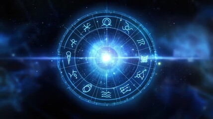 Obraz premium Glowing astrological zodiac symbol hovering in a mysterious futuristic cosmic galaxy background Abstract esoteric astrology occult and metaphysical concept with digital sci fi and fantasy elements