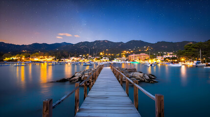 Fototapeta premium Starlit Night Over Coastal Town With Wooden Pier