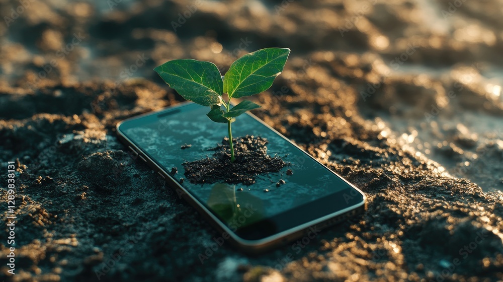 Poster a dynamic shot of a smartphone lying on a natural surface, with a plant sprouting directly from its 
