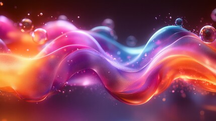 Fototapeta premium Abstract vibrant background with swirling liquid shapes colorful glass spheres and glowing neon lights