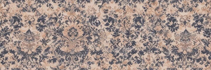 Seamless damask print in soft peach and navy tones, showcasing repeating borders and classic scrollwork,  vintage,  textured